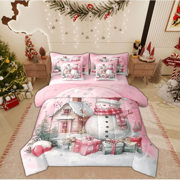 Feelyou Kawaii Xmas Snowman Bedding Comforter Set 7pcs, Light Pink Queen Bedding Sets, Winter Festival Gift Reversible Queen Sheet Sets, Luxury Bedroom Decor