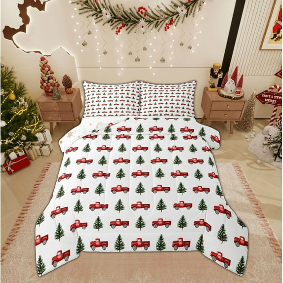 Feelyou Kawaii Xmas Tree 01, Red Rustic Truck Twin Comforter Sets, Merry Christmas Reversible Bedding Set, Ultra Soft Home Decor,2 Pieces