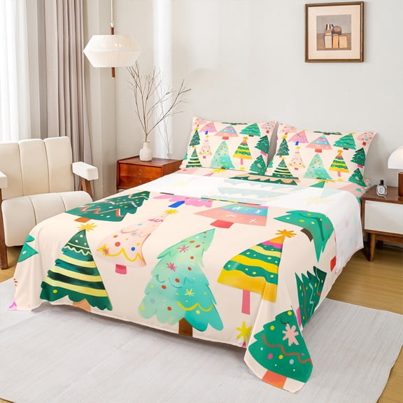 Feelyou Kawaii Xmas Tree Twin Sheet Sets, Winter Festivals Twin Fitted Sheet, Cartoon Christmas Style Flat Sheet, Luxury Bedroom Decor, 3pcs