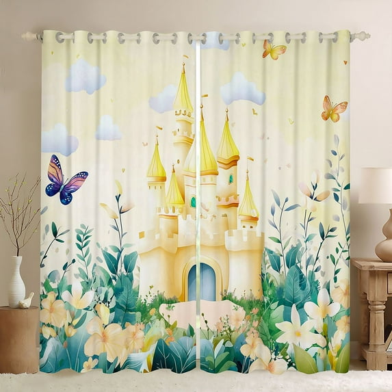 Feelyou Kawaii Yellow Castle Curtains Pack of 2 (42x84 Each) for Girl, Dreamy Fairy Tale Curtains Blackout, Spring Garden Floral Bedroom Curtains, Curtains and Drapes Room Decor