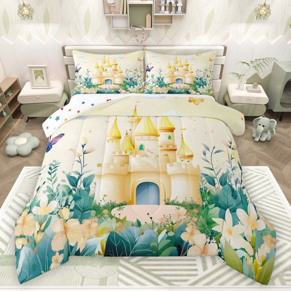 Feelyou Kawaii Yellow Castle Queen Comforter Set for Girl, Dreamy Fairy Tale Bedding Sets, Spring Garden Floral Reversible Bedding Comforter Set, Super Cozy Room Decor, 3-Piece