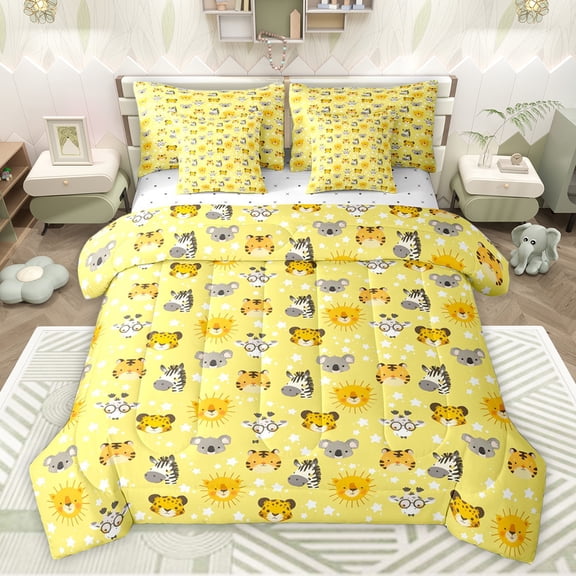 Feelyou Kawaii Zoo Animal Bedding Comforter Set 7 Pieces for Kids, Tiger Lion Zebra Full Bedding Set, Cartoon Stars Print Reversible Fitted Sheet Flat Sheet, Super Cozy Room Decor
