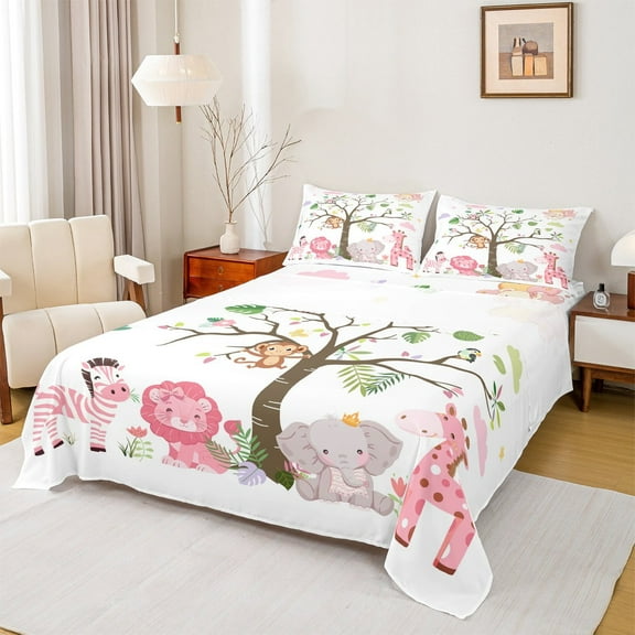 Feelyou Kawaii Zoon Animal Bed Sheets, Pink Lion Giraffe Elephant King Sheets, Teen Kid Boy Girl Sheet Set, Breathable Home Decor, 4pcs
