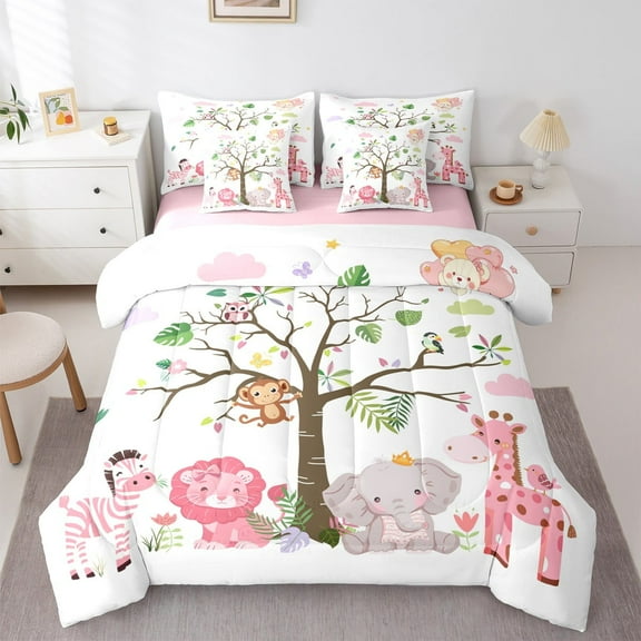 Feelyou Kawaii Zoon Animal Twin Bedding Sets 7-Piece, Pink Lion Giraffe Elephant Bedding Comforter Set, Teen Kid Boy Girl Reversible Sheet Sets, Breathable Home Decor