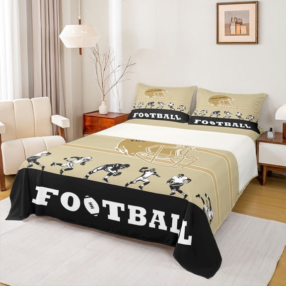 Feelyou Khaki Black Helmet Full Size Sheets for Boys, Soccer Football Player Bed Sheets, Vintage American Sport Sheet Sets, Microfiber Bedroom Decor, 4-Piece