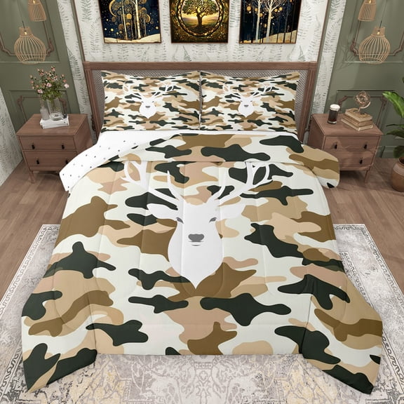 Feelyou Khaki Camouflage Camo Queen Comforter Set, Hippie Western Deer Moose Bedding Sets, Rustic Farmhouse Reversible Bedding Comforter Set, Lightweight Room Decor, 3pcs