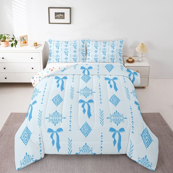 Feelyou Kid Blue Aztec Queen Comforter Set, Fashion Princess Bowknot Bedding Set, 3pcs