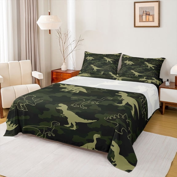 Feelyou Kid Cartoon Dinosaur Bed Sheets, Green Camouflage King Sheets, 4 Pieces
