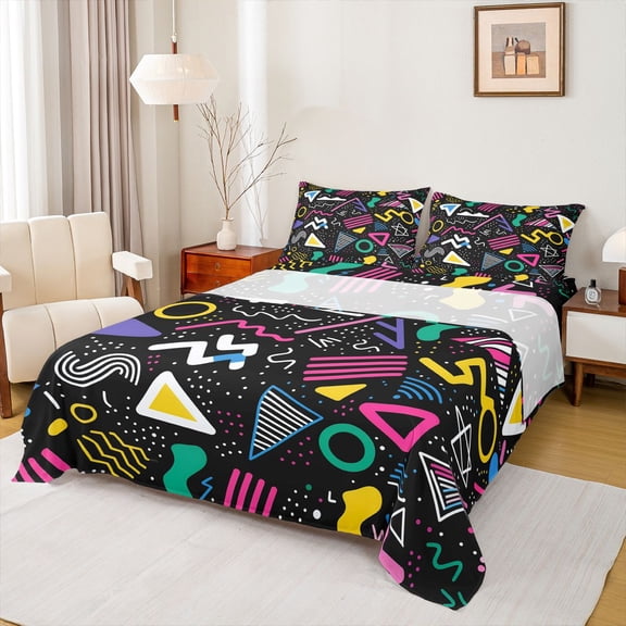 Feelyou Kid Cartoon Memphis Bed Sheets, Cycle Square Abstract King Sheets, 4pcs