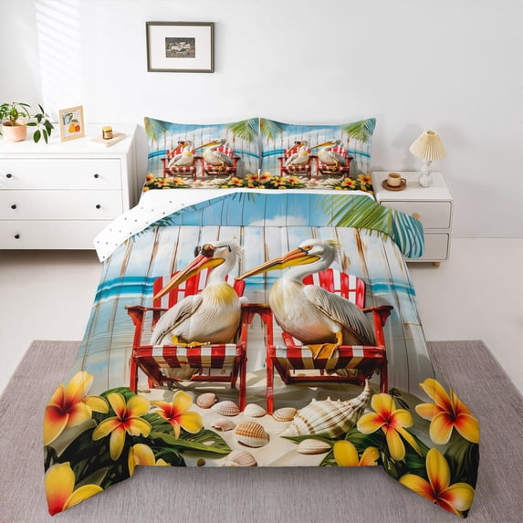Feelyou Kid Cartoon Pelicans Twin Comforter Sets, Happy Summer Beach Bedding Set, 2pcs