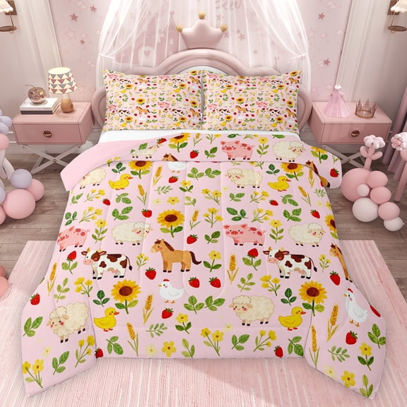 Feelyou Kid Cartoon Pig Cow Queen Comforter Set, Farm Animal Bedding Comforter Set, 3pcs
