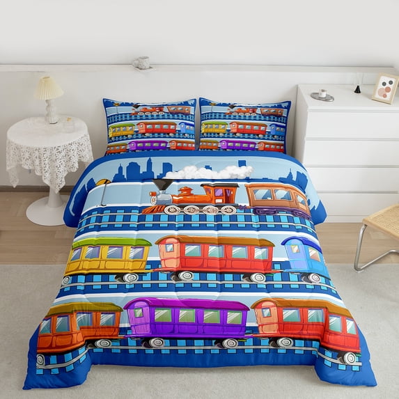 Feelyou Kid Cartoon Train Full Size Comforter Sets, Boys Construction Truck Bedding Comforter Set, Tractor Machinery Bedding Sets, Microfiber Bedroom Decor, 3pcs