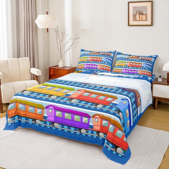 Feelyou Kid Cartoon Train Full Size Sheets, Boys Construction Truck Bed Sheets, Tractor Machinery Sheet Sets, Microfiber Bedroom Decor, 4pcs