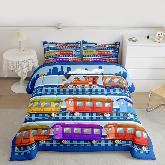 Feelyou Kid Cartoon Train Queen Comforter Set, Boys Construction Truck Bedding Sets, Tractor Machinery Bedding Comforter Set, Microfiber Bedroom Decor, 3pcs