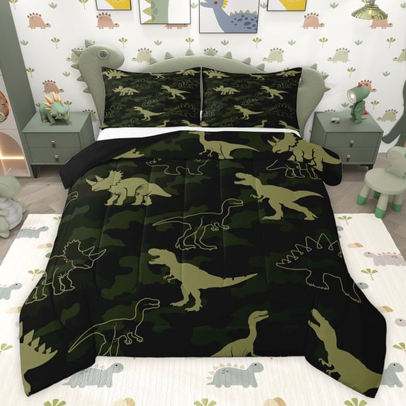 Feelyou Kid Dinosaur Queen Comforter Set, Green Camouflage Bedding Comforter Set, 3pcs