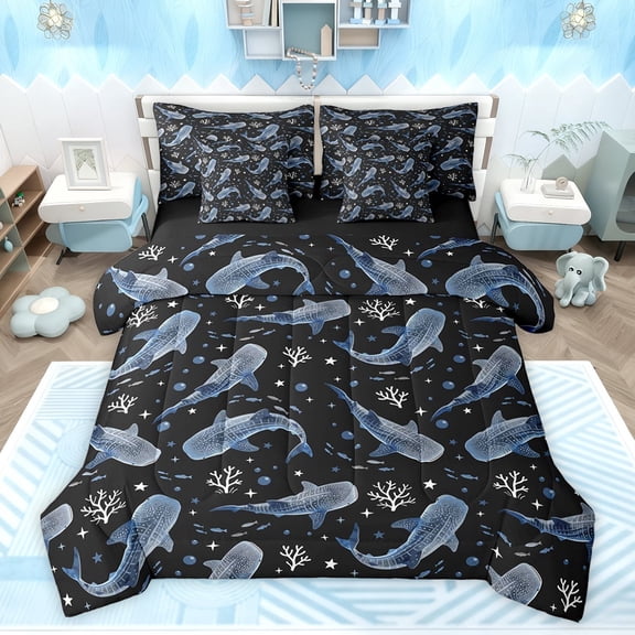 Feelyou Kid Marine Shark Bedding Comforter Set 7pcs, Kawaii Coral Animal King Bedding Sets