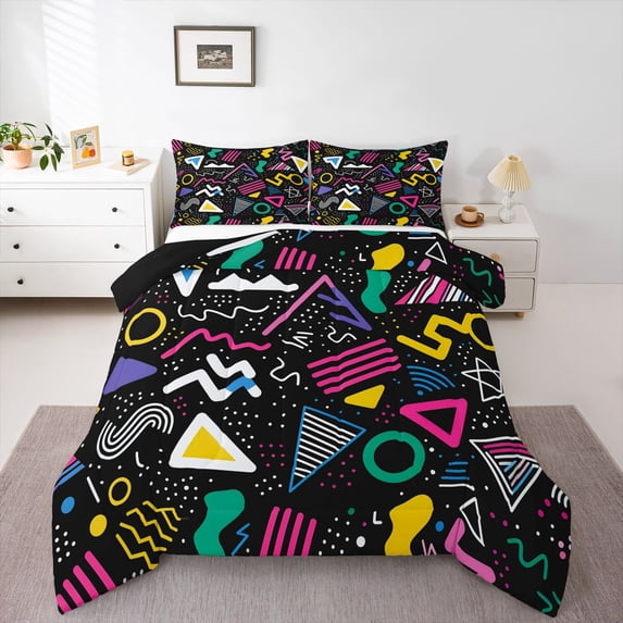 Feelyou Kid Memphis Queen Comforter Set, Cycle Square Abstract Bedding Comforter Set, 3pcs