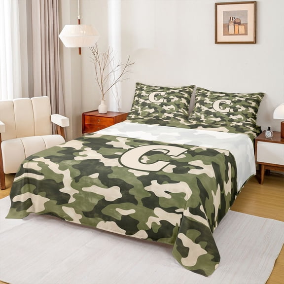 Feelyou Kid Monogrammed C Bed Sheets, Kawaii Green Camo King Sheets, 4pcs