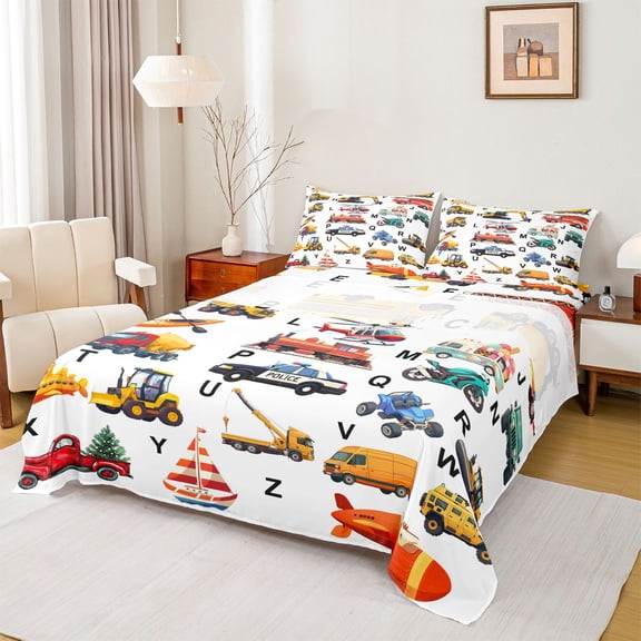 Feelyou Kid Tractor Truck Twin Sheet Sets, Car Plane Vehicle Bedding, 3-Piece