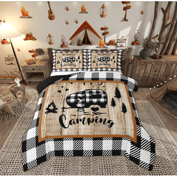Feelyou Kids Adventure Truck Queen Comforter Set, Rustic Farmhouse Bedding Sets, Happy Camping Theme Reversible Bedding Comforter Set, Breathable Home Decor, 3pcs