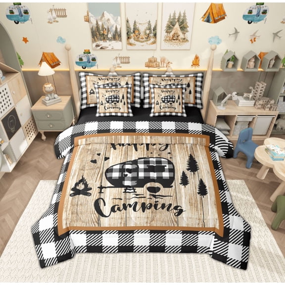 Feelyou Kids Adventure Truck Twin Bedding Sets 7-Piece, Rustic Farmhouse Bedding Comforter Set, Happy Camping Theme Reversible Sheet Sets, Breathable Home Decor