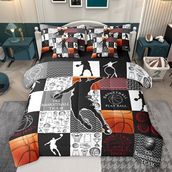 Feelyou Kids Basketball Sthlete Bedding Comforter Set 7pcs, Buffalo Patchwork King Bedding Sets, Ball Sports Theme Reversible Bed Sheets, Breathable Home Decor