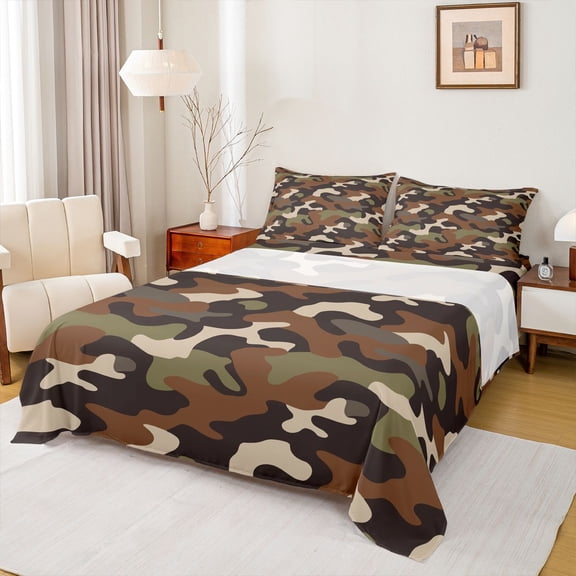 Feelyou Kids Camouflage Camo Twin Sheet Sets, Brown Abstract Ombre Bedding, 3pcs