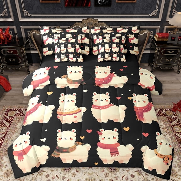 Feelyou Kids Cartoon Alpaca Bedding Comforter Set 7pcs, Kawaii Animal Loveer King Bedding Sets, Cute Love Heart Reversible Bed Sheets, Luxury Bedroom Decor
