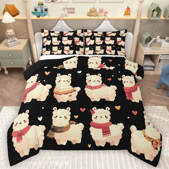 Feelyou Kids Cartoon Alpaca Queen Comforter Set, Kawaii Animal Loveer Bedding Sets, Cute Love Heart Reversible Bedding Comforter Set, Luxury Bedroom Decor, 3-Piece