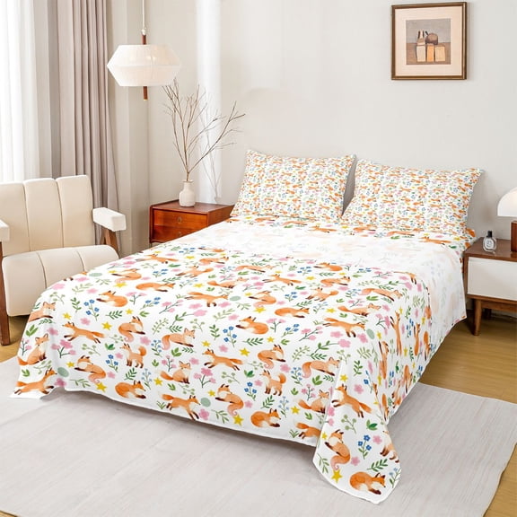Feelyou Kids Cartoon Fox Full Size Sheets, Flower Leaf Plant Bed Sheets, 4 Pieces