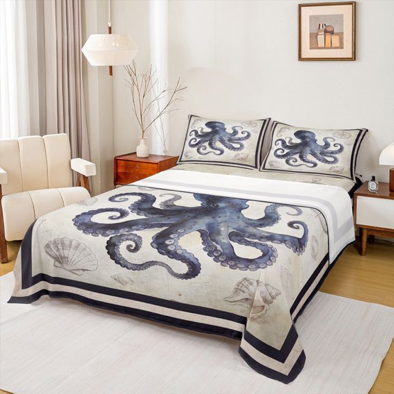 Feelyou Kids Cartoon Octopus Twin Sheet Sets, Vintage Sealife Bedding, 3-Piece