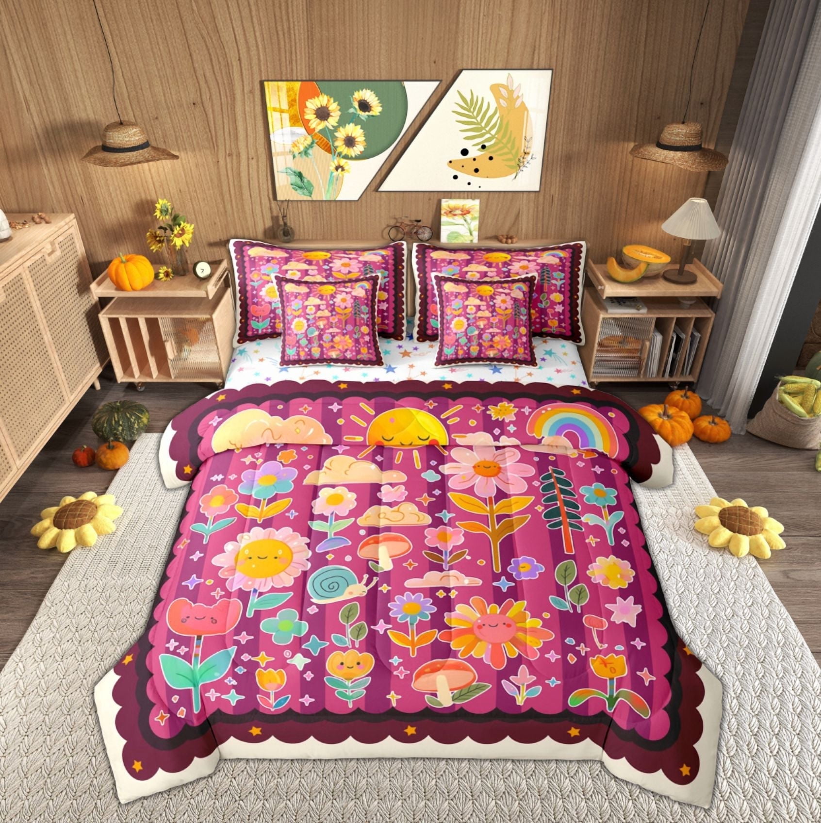 Reversible Sheets Feelyou Kids Cartoon Twin Bedding Sets 7-Piece, Sunflower Groovy ...