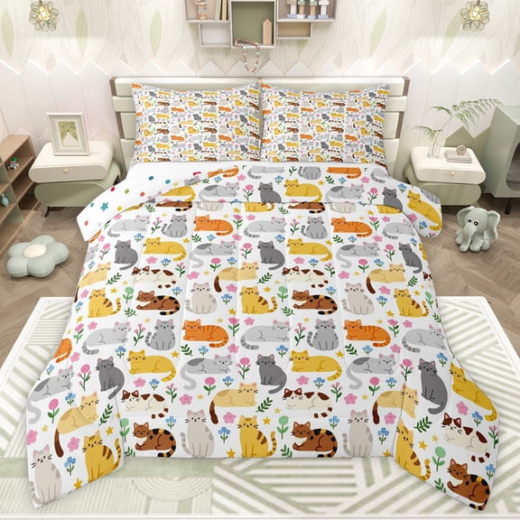 Feelyou Kids Cat Animal Queen Comforter Set, Cartoon Flower Bedding Comforter Set, 3pcs