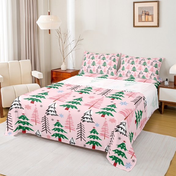 Feelyou Kids Christmas Bed Sheets, Cartoon Xmas Tree King Sheets, Cartoon Snowflake Print Sheet Set, Ultra Soft Home Decor, 4 Pieces