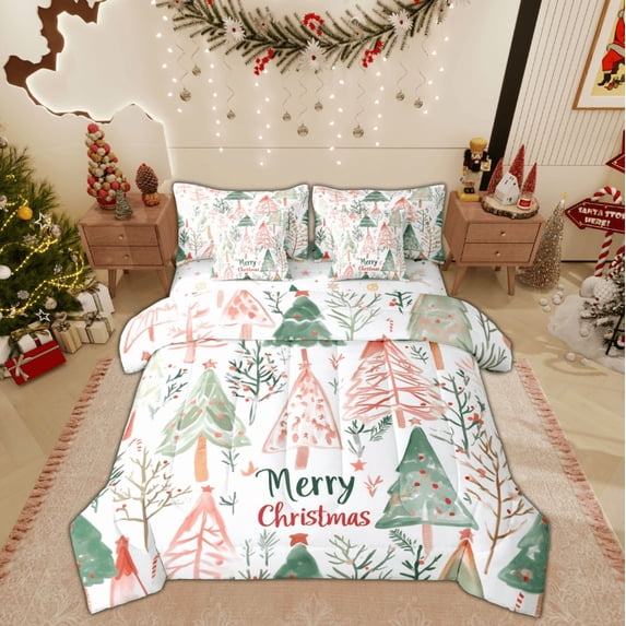 Feelyou Kids Christmas Bedding Comforter Set 7 Pieces, Cartoon Xmas Tree Full Bedding Set, Winter Jungle Plant Print Reversible Fitted Sheet Flat Sheet, Lightweight Room Decor