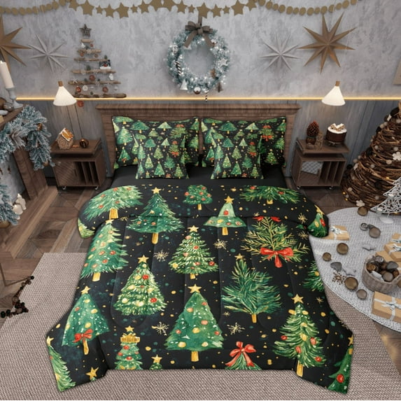 Feelyou Kids Christmas Bedding Comforter Set 7pcs, Cartoon Dots Xmas Tree Queen Bedding Sets, Gold Snowflake Print Reversible Queen Sheet Sets, Super Cozy Room Decor
