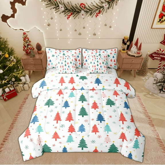 Feelyou Kids Christmas Festival Twin Bedding Sets 7-Piece, Cartoon Xmas Tree Bedding Comforter Set, Winter Snowflake Reversible Sheet Sets, Breathable Home Decor