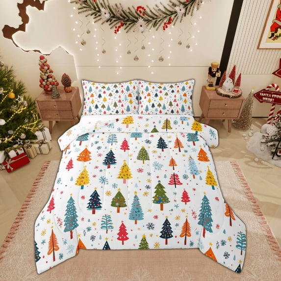 Feelyou Kids Christmas Full Size Comforter Sets, Cartoon Xmas Tree Bedding Comforter Set, Cartoon Snowflake Print Reversible Bedding Sets, Ultra Soft Home Decor, 3pcs