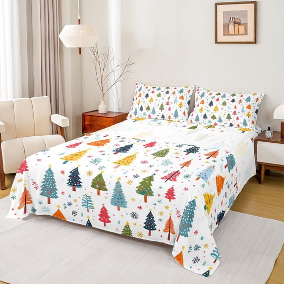 Feelyou Kids Christmas Full Size Sheets, Cartoon Xmas Tree Bed Sheets, Cartoon Snowflake Print Sheet Sets, Ultra Soft Home Decor, 4pcs