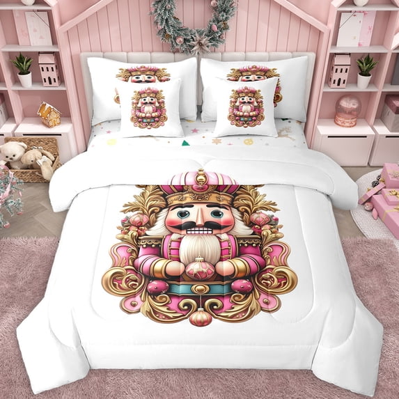 Feelyou Kids Christmas Nutcracker Bedding Comforter Set 7 Pieces, Kawaii Pink Cartoon Full Bedding Set, Merry Christmas Reversible Fitted Sheet Flat Sheet, Luxury Bedroom Decor
