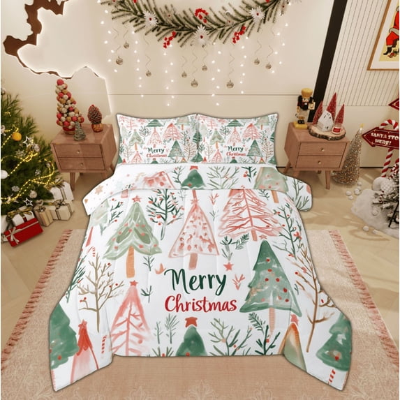 Feelyou Kids Christmas Queen Comforter Set, Cartoon Xmas Tree Bedding Sets, Winter Jungle Plant Print Reversible Bedding Comforter Set, Lightweight Room Decor, 3pcs