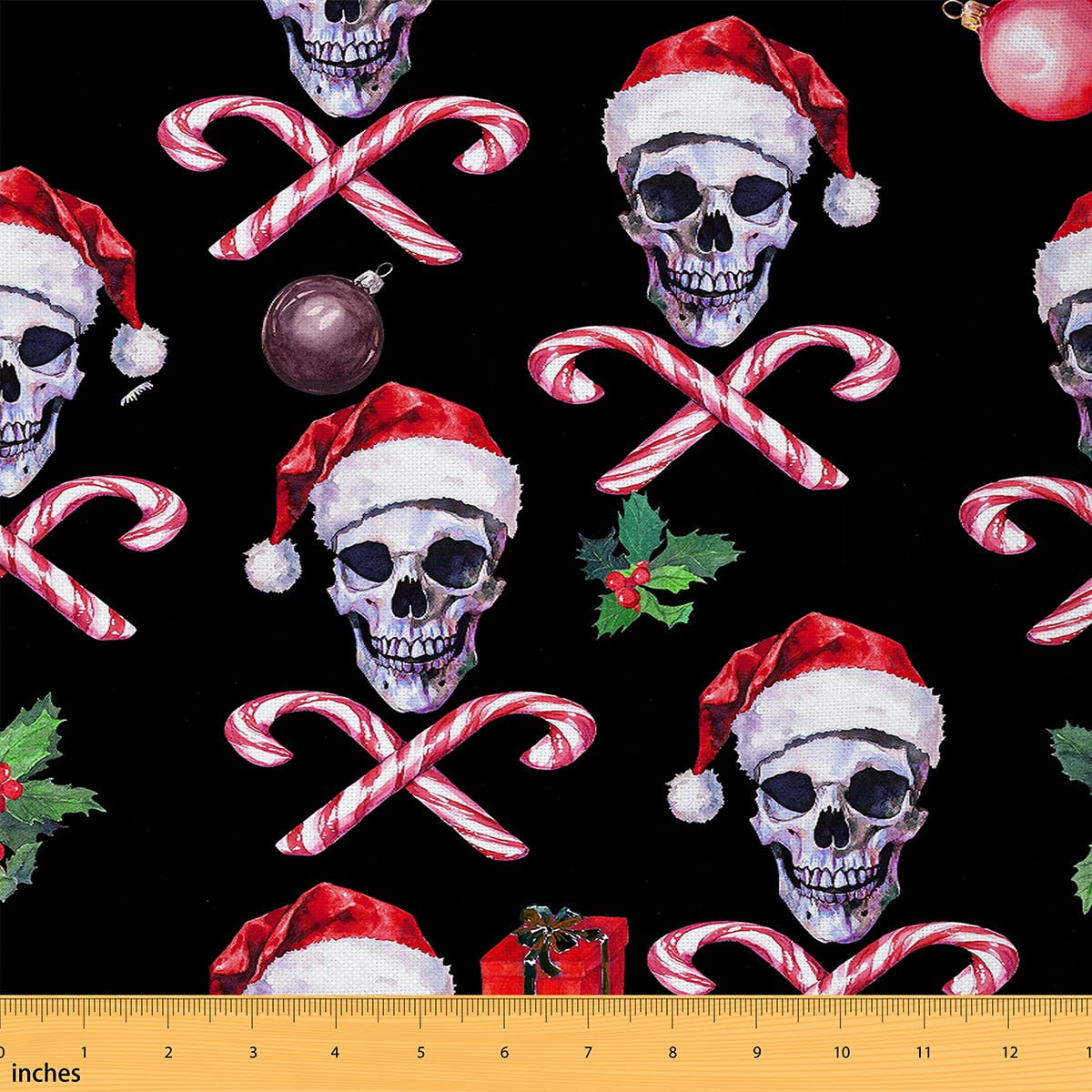 Feelyou Kids Christmas Skull Fabric by the Yard 2 Yards, Xmas Candy Sewing Fabric, Sugar Gothic Festival Home Decor Fabric by the Yard, Super Cozy Room Decor