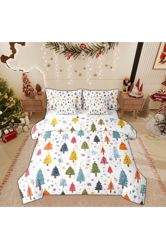 Kids Christmas Twin Bedding Sets 7-Piece, Cartoon Xmas Tree Bedding Comforter Set, Cartoon Snowflake Print Reversible Sheet Sets, Ultra Soft Home Decor