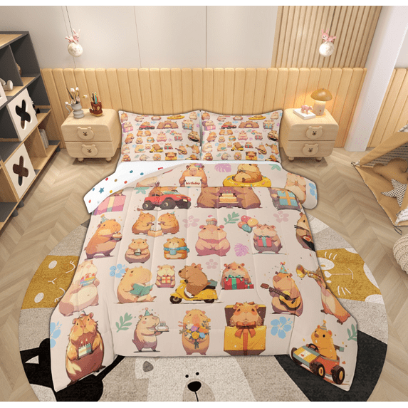Feelyou Kids Cute Capibara Full Size Comforter Sets, Rustic Flower Bedding Comforter Set, Kawaii Cartoon Truck Animal Reversible Bedding Sets, Super Cozy Room Decor, 3 Pieces