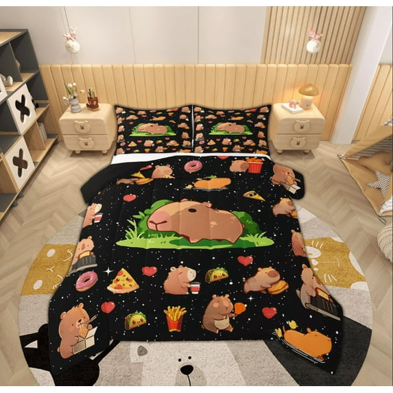 Feelyou Kids Cute Capibara Full Size Comforter Sets, Yummy Pizza Hamburger Bedding Comforter Set, Kawaii Cartoon Animal Reversible Bedding Sets, Luxury Bedroom Decor, 3pcs