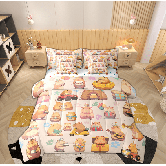 Feelyou Kids Cute Capibara Twin Bedding Sets 7-Piece, Rustic Flower Bedding Comforter Set, Kawaii Cartoon Truck Animal Reversible Sheet Sets, Super Cozy Room Decor