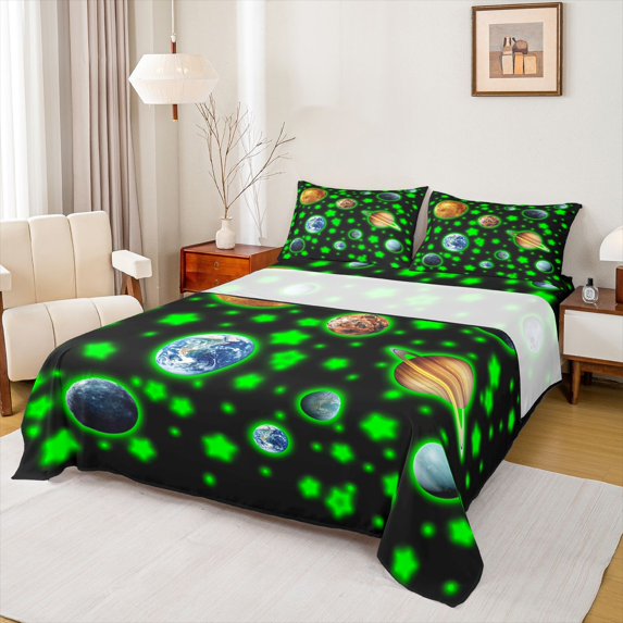 Feelyou Kids Earth Planet Full Size Sheets, Neon Green Stars Bed Sheets, 4pcs
