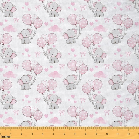 Feelyou Kids Elephant Animal Fabric by the Yard 1 Yard, Girly Pink Balloon Bowknot Sewing Fabric, Princess Cartoon Theme Home Decor Fabric by the Yard, Ultra Soft Home Decor