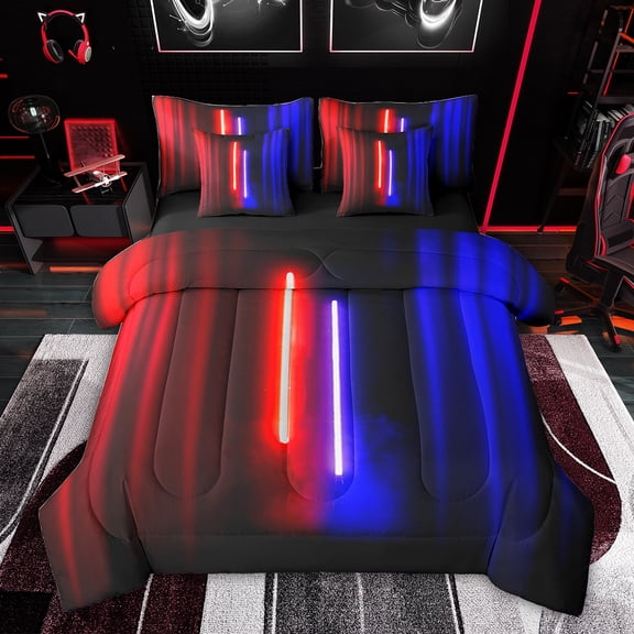 Feelyou Kids Futuristic Lightning Bedding Comforter Set 7pcs, Modern Video Gaming Gamer Queen Bedding Sets, Red Blue Stripes Ombre Reversible Queen Sheet Sets, Breathable Home Decor