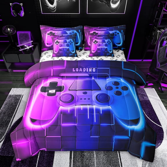 Feelyou Kids Game Controller Twin Bedding Sets 7-Piece, Futuristic Honeycomb Bedding Comforter Set, Pink Blue Gaming Gamer Gamepad Reversible Sheet Sets, Breathable Home Decor